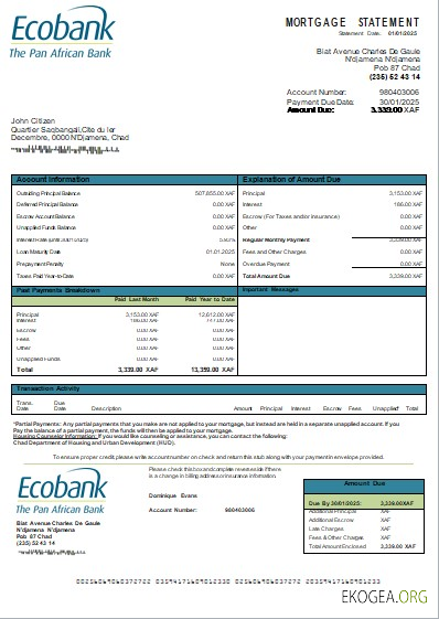 Tchad Relevé hypothécaire de la banque Ecobank scr